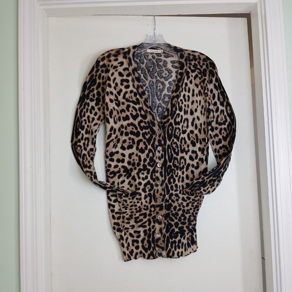 Leopard Print 100% Cotton V-Neck Abalone Button-Up Cardigan With Pockets Sz L - Picture 8 of 15